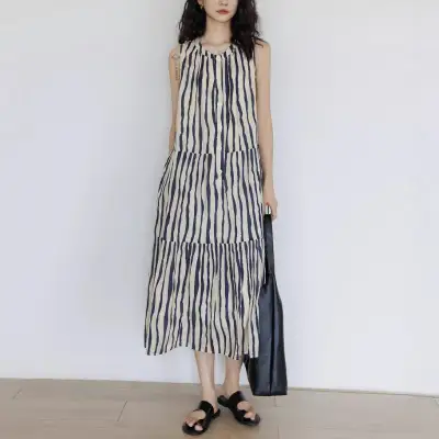 ラウンドネックノースリーブ通勤＆バカンス風Aラインワンピース
