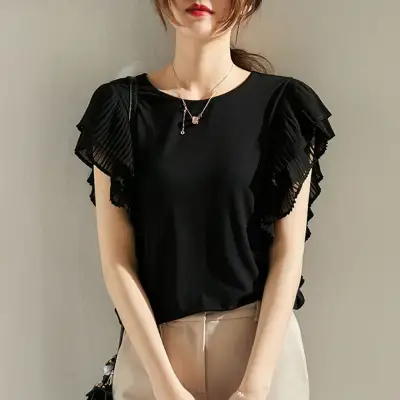 フリルスリーブ付き細見えラウンドネックTシャツ