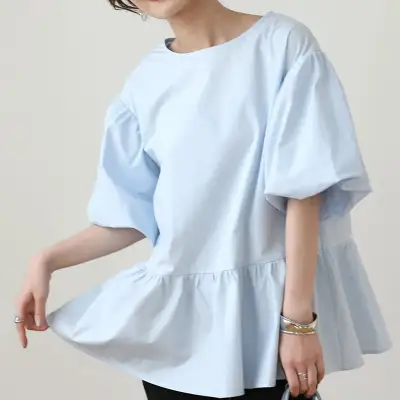 シャツ  無地  ランタンスリーブ  ギャザー  コットン  クルーネック  夏服  新作  ニッチ  レディース