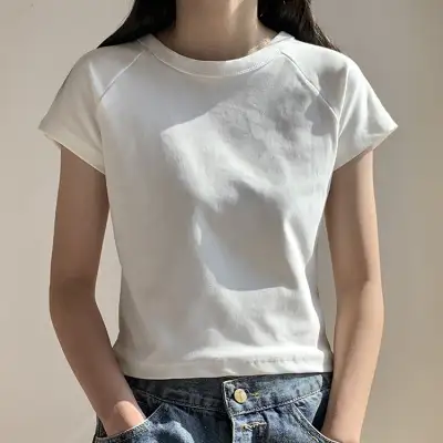 ラグランスリーブ  ホワイト  コットン  半袖  ミニ丈  夏服  スリムフィット」  インナー  新作  レディース  トップス