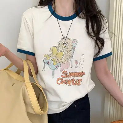 プリント  半袖  どんなスタイルにも合う  ゆったり  クルーネック  夏服  韓国風  新作  レディース  バイカラー  トップス