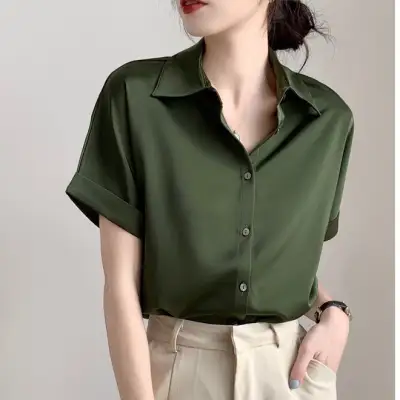 シャツ  抹茶グリーン  シルク  シルク生地  半袖  夏服  OL通勤  高級  新作  おしゃれ / ファッション  レトロ  レディース  高級感  トップス