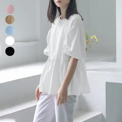シャツ  無地  ランタンスリーブ  半袖  クルーネック  夏服  レディース  トップス