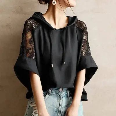 絶対欲しい無地フード付きレース切り替えファッションＴシャツコーディネートカジュアルファッション着回しootd夏コーデ夏服レディース20代30代40代50代