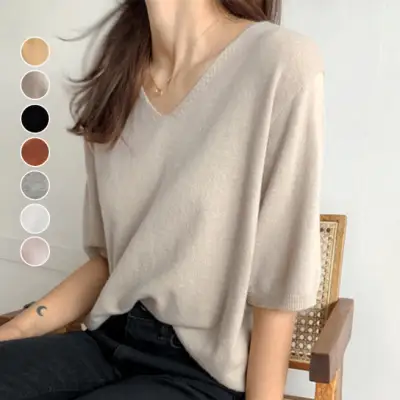 トレンドを先取り♪Vネック切り替え七分袖無地プルオーバーシンプルTシャツブラック黑ホワイト白グレーブルー青グリーンピンクイエローコーディネートカジュアルファッション着回しootd夏コーデ夏服レディース20代30代40代50代