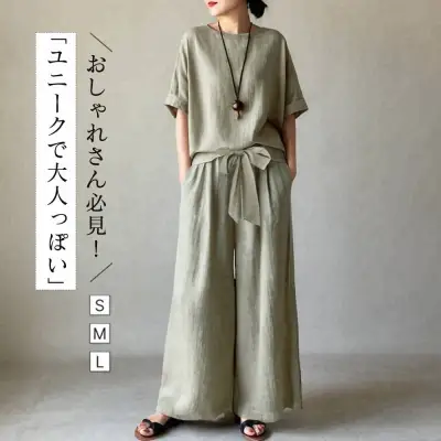 絶対欲しいファッションラウンドネック五分袖Ｔシャツガウチョパンツ無地ボウタイ2点セットコーディネートカジュアルファッション着回しootd夏コーデ夏服レディース20代30代40代50代