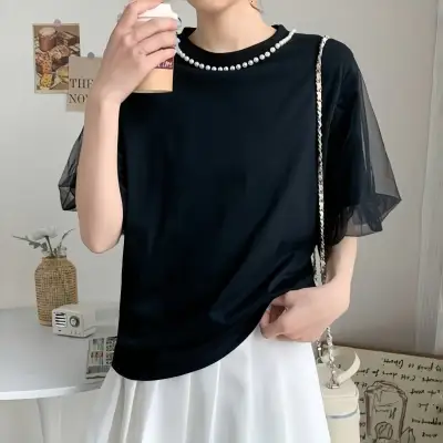 Tシャツ  切り替え  半袖  クルーネック  プルオーバー  夏服  デコレーション  2024  日本風  レディース  トップス