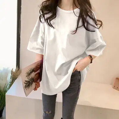 シンプル  半袖  ゆったり  夏服  韓国風  普通  新作  レディース  ミディ丈 / ミディアム丈  大きめサイズ  トップス