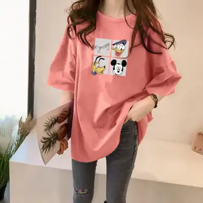 プリント  コットン  半袖  どんなスタイルにも合う  ゆったり  夏服  韓国風  普通  コットン100%  レディース  ミディ丈 / ミディアム丈  大きめサイズ  トップス