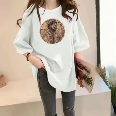 プリント  アルファベット  チュニック  コットン  半袖  どんなスタイルにも合う  ゆったり  夏服  韓国風  普通  新作  インスタ流行  レディース  ミディ丈 / ミディアム丈  トップス