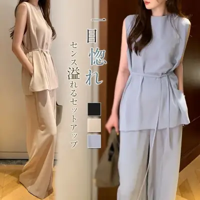 【2点SET】フェミニンラウンドネックノースリーブプルオーバートップス＋ポケット付きハイウエストパンツ
