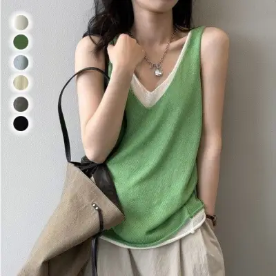 韓国人気新品 レイヤード / 重ね着風 配色 無地 Vネック ノースリーブ 森ガール Tシャツ 大人 ootd 夏コーデ 夏服 レディース ファッション 20代 30代 40代 50代 カジュアル コーディネート トレンド 着回し