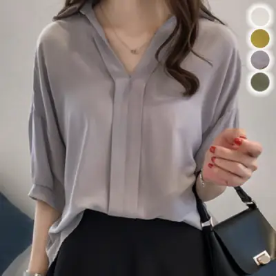 柔らかくて優しい印象 ファッション 無地 五分袖 Vネック プルオーバー シャツ・ブラウス 大人 ootd 夏コーデ 夏服 レディース ファッション 20代 30代 40代 50代 カジュアル コーディネート トレンド 着回し