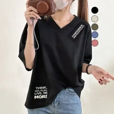 SNSで話題沸騰 プリント 五分袖 アルファベット Vネック アップリケ カジュアル Tシャツ 大人 ootd 夏コーデ 夏服 レディース ファッション 20代 30代 40代 50代 カジュアル コーディネート トレンド 着回し