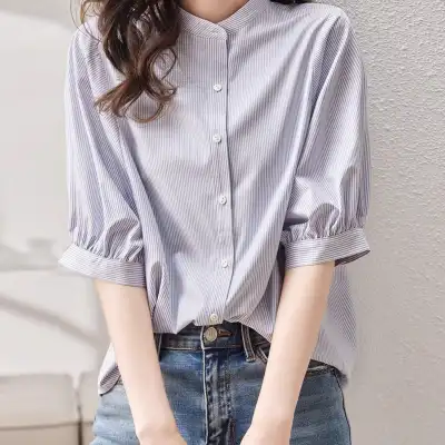 主役級 上品見え クローズドバック ストライプ柄 ラウンドネック 五分袖 カジュアル シャツ 大人 ootd 夏コーデ 夏服 レディース ファッション 20代 30代 40代 50代 カジュアル コーディネート トレンド 着回し