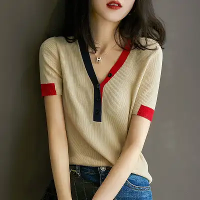 Tシャツ  ニット  ニットトップス  半袖  ゆったり  Vネック  薄  春夏  インナー  新作  レディース