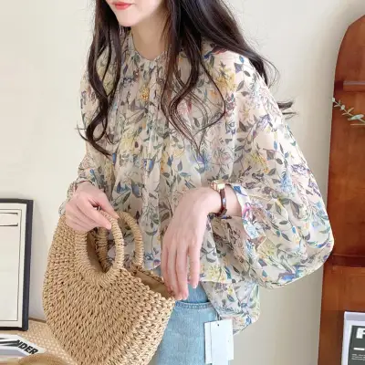 新作発売！花柄プリント 長袖 クローズドバック ファッション 大人可愛い 好印象 ブラウス