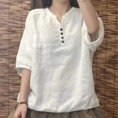 大流行新作森ガール無地プルオーバー半袖ランタンスリーブブラウスホワイト白レッドグリーンイエローコーディネートカジュアルファッション着回しootd夏コーデ夏服レディース20代30代40代50代