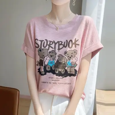 Tシャツ  シンプル  ベージュ  プリント  ニット  半袖  ゆったり  韓国風  新作  レディース  トップス