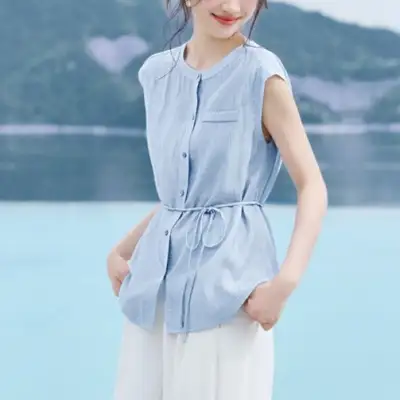 シャツ  ノースリーブ  スタンドネック  夏服  なし  気質  レーシング  新作  おしゃれ / ファッション  レトロ  韓国風  レディース  トップス