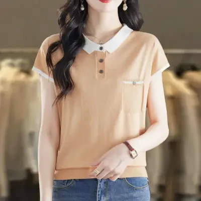 Tシャツ  シルク  ニット  ニットトップス  半袖  ゆったり  ラウンドカラー  薄  気質  若く見え  レディース  バイカラー  洗練された  トップス