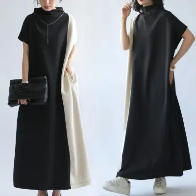 ドルマンスリーブ  ワンピース  切り替え  カラーブロック  タートルネック  夏服  普通  新作  日本風  レディース  ミディ丈 / ミディアム丈  ハイネック