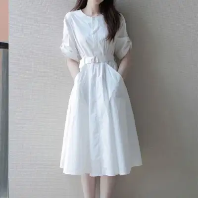 シャツ  ワンピース  ロングワンピース  ホワイト  夏服  森ガール  気質  フレンチスタイル  レディース  カジュアルドレス