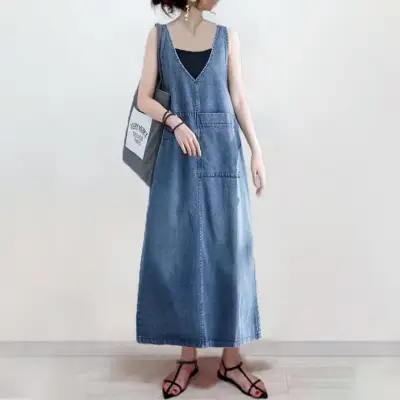 着回し力抜群カジュアル無地VネックノースリーブデニムAラインスリットジャンパースカートブルー青コーディネートカジュアルファッション着回しootd夏コーデ夏服レディース20代30代40代50代