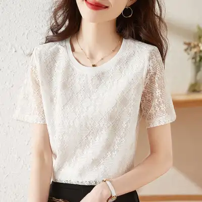 Tシャツ  レース  シルク  シフォン  ホワイト  半袖  スリムに見える  ゆったり  夏服  デザイン  新作  2024  デザイン性  ニッチ  レディース