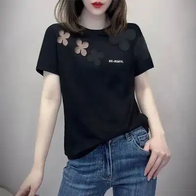 人気新品 花模様 半袖 ラウンドネック 切り替え 透かし編み スウィート Tシャツ