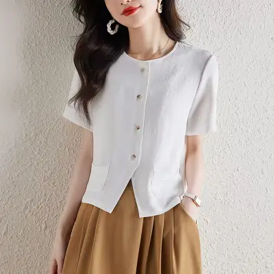 シャツ  カーディガン  アウター  半袖  スリムに見える  ミニ丈  夏服  気質  ポケット  高級  韓国風  レディース  高級感  トップス