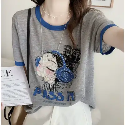 Tシャツ  シルク  カジュアル  プリント  ニット  カラーブロック  半袖  ゆったり  薄  レディース