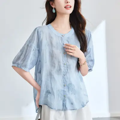 シャツ  切り替え  ベージュ  プリント  コットン  ゆったり  夏服  文芸  薄  新作  レトロ  刺繍