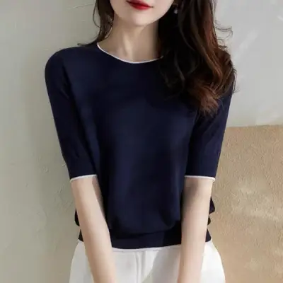 お買い得！ 半袖 着痩せ効果 コーディネート自在 配色 ラウンドネック シンプル Tシャツ