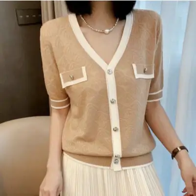 カーディガン  ニット  カラーブロック  ニットトップス  半袖  Vネック  夏服  ジャカード  カバー  ポケット  新作  レディース