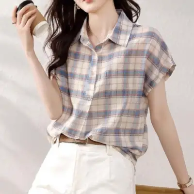 シャツ  チェック柄  半袖  どんなスタイルにも合う  POLOネック  ボタン  夏服  通勤/OL  L  新作  レディース  トップス