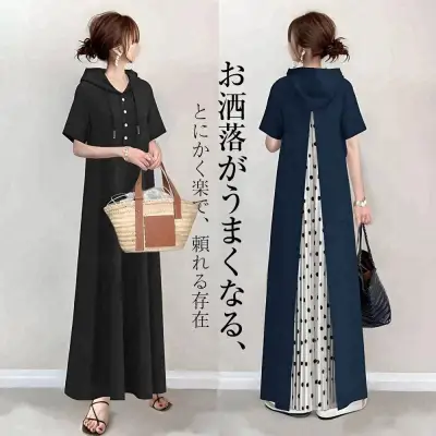 ドット  ワンピース  切り替え  半袖  フード付き  夏服  新作  2024  日本風