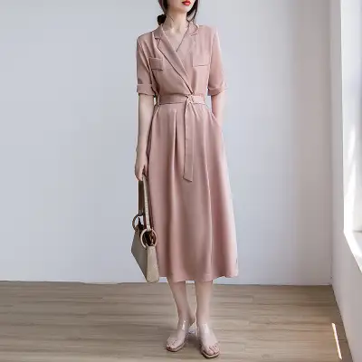 ピンク  ワンピース  スーツ / ジャケット  スリムに見える  ロング  夏服  デザイン  折襟  2024  デザイン性  レディース