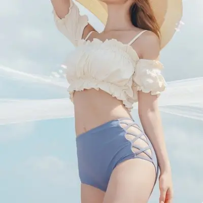 オープンショルダー半袖ショート丈無地可愛いファッションビキニ水着