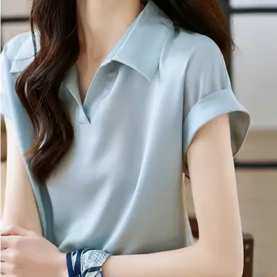 Basic日常簡約 着痩せ効果 カジュアル 通勤 無地 POLOネック 半袖 シャツ 大人 ootd 夏コーデ 夏服 レディース ファッション 20代 30代 40代 50代 カジュアル コーディネート トレンド 着回し