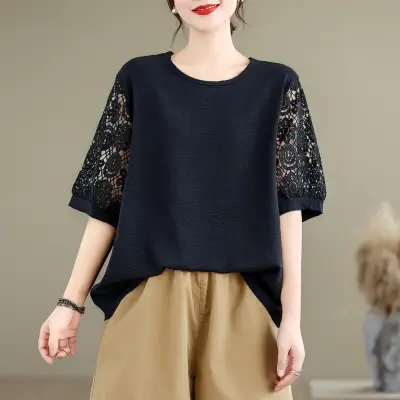 主役級 ラウンドネック 半袖 切り替え 無地 レース カジュアル Tシャツ 大人 ootd 夏コーデ 夏服 レディース ファッション 20代 30代 40代 50代 カジュアル コーディネート トレンド 着回し