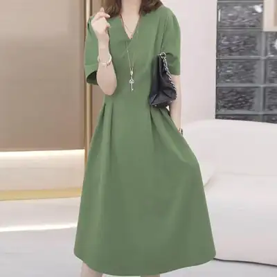ワンピース  ギャザー  ロングワンピース  半袖  スリムに見える  ゆったり  Vネック  Aライン  夏服  普通  気質  高級  おしゃれ / ファッション  レディース  ミディ丈 / ミディアム丈  高級感