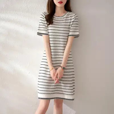 ワンピース  透かし彫り  ストライプ柄  ニット  ニットワンピース  スリムに見える  ゆったり  クルーネック  Aライン  夏服  気質  新作  レディース
