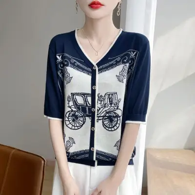 カーディガン  ブルー  シルク  ニット  ニットトップス  半袖  Vネック  夏服  薄  気質  新作  レトロ  レディース