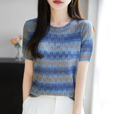 Tシャツ  透かし彫り  ストライプ柄  ニット  半袖  スリムに見える  クルーネック  デザイン  フレンチスタイル  デザイン性  ニッチ  レディース  バイカラー