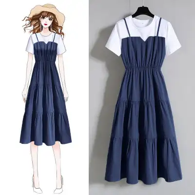 ワンピース  キャミソール  半袖  スリムに見える  ロング  夏服  普通  フェイクレイヤード  おしゃれ / ファッション  レディース  大きめサイズ