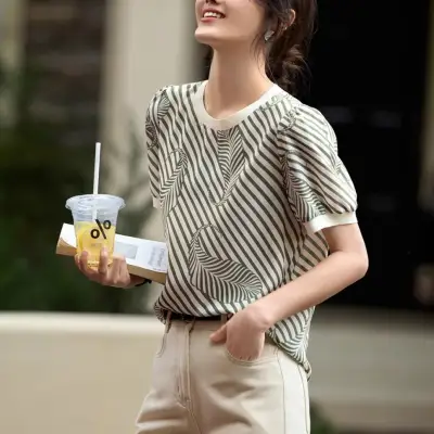 切り替え  半袖  クルーネック  夏服  通勤/OL  デザイン  気質  おしゃれ / ファッション  デザイン性  レディース  バイカラー