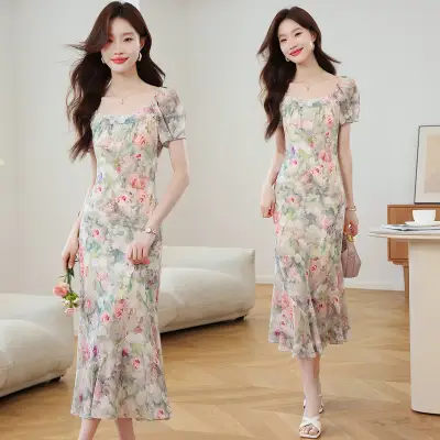 ワンピース  花柄  スリムに見える  ロング  スクエアネック  夏服  スリムフィット」  気質  新作  フレンチスタイル  レディース