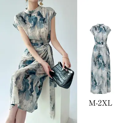 好印象MAX♡ プリント 半袖 ベルト付き ファスナー Aライン エレガント ワンピース 大人 ootd 夏コーデ 夏服 レディース ファッション 20代 30代 40代 50代 カジュアル コーディネート トレンド 着回し