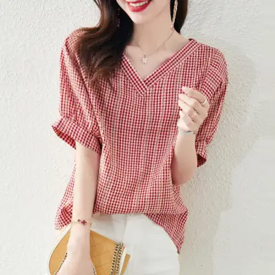 絶対欲しい エレガント 半袖 レッド チェック柄 シャツ 大人 ootd 夏コーデ 夏服 レディース ファッション 20代 30代 40代 50代 カジュアル コーディネート トレンド 着回し